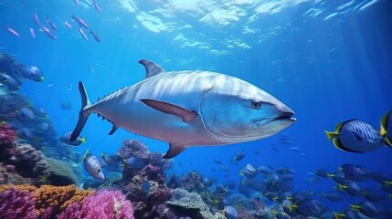 Fototapeta na wymiar Big tuna in transit surrounded by a school of fish in the blue ocean.