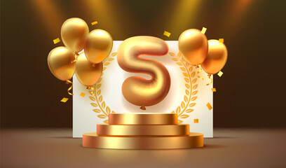 Anniversary of Birthday, number 5 on the podium with golden balloons. Vector illustration