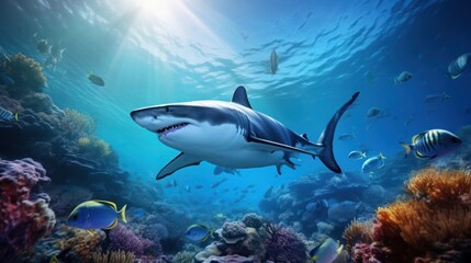 Naklejka na ściany i meble A great white shark swarms around smaller sea fish.