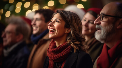 A joyful audience of adults wearing Santa hats and winter clothing, smiling and looking up with expressions of happiness and excitement, gathered indoors possibly during a Christmas event - obrazy, fototapety, plakaty