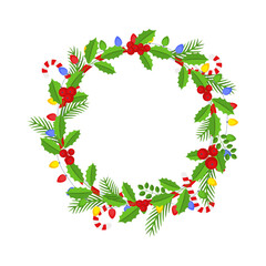 Christmas round floral wreath frame. Traditional winter garland icon