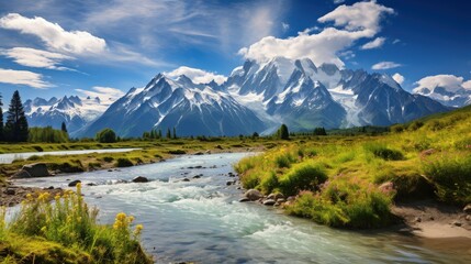 Panoramic photo of Colorful summer panorama of river with Mountain background