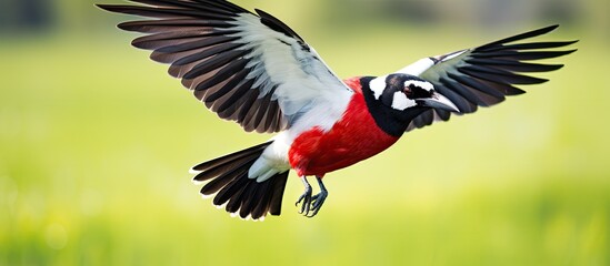 Fototapeta premium stunning Australian field a beautiful natural scene unfolds as a black and white bird with vibrant red feathers gracefully lands on the lush green grass extending its wings to reveal the st