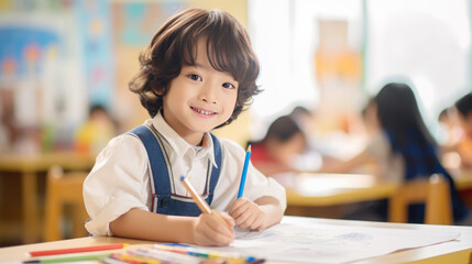 Little preschooler sits at a desk with a pencil in his hand and learns to write in class