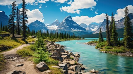 Panoramic photo of mountain and clear river during summer