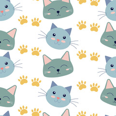 Blue cat face seamless pattern with paw print. Background for kids. Pet, animal.	