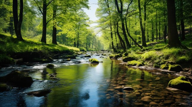 photo of river in the spring forest. daylight