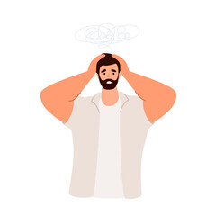 Fototapeta premium Sad anxious man, bad news. Negative emotion, headache, mental health, fear Flat vector illustration isolated on white background.