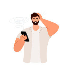 Sad anxious man with mobile phones, reading bad news, message in internet. Negative emotion. Flat vector illustration isolated on white background.