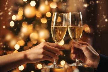 New year's eve celebration. friends clinking glasses of champagne with festive lights background