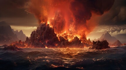 Fototapeta na wymiar Underwater volcano eruption, fantasy landscape. AI Generation