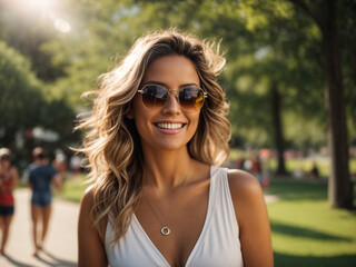 Pretty woman with glasses looking in a city park. AI generated