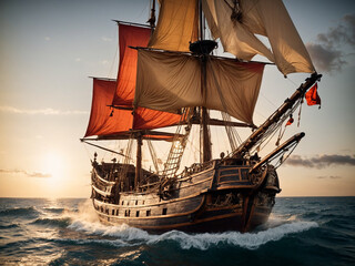Realistic image of 18th century ship sailing through the ocean. AI generated
