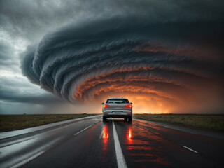 Car on the road with a gigantic storm or hurricane. AI generated