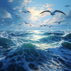 Fototapeta premium Flock of seagulls flying over the ocean high spe Ai generated Attractive art