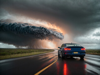 A dramatic scene capturing a car halted on the road, facing a colossal storm or hurricane, emphasizing the power and intensity of the natural disaster. AI generated