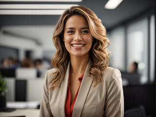 Portrait of an executive businesswoman smiling in a large corporation office. AI generated
