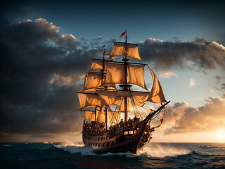 Realistic image of a large 18th century big ship sailing through the ocean. AI generated