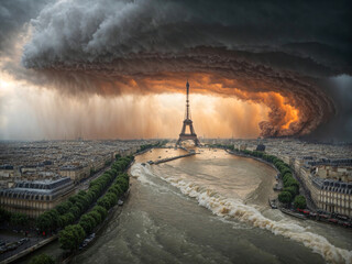 Colossal storm or hurricane devastating the city of Paris, in France, with the Eiffel Tower. AI generated