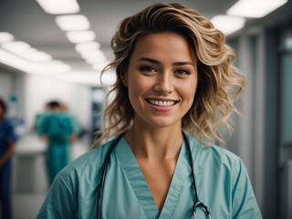 Portrait of a female doctor with green labcoat smiling and looking in a clinic or hospital. AI generated