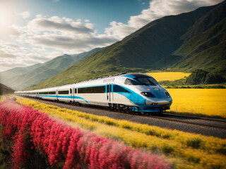 Landscape with a high speed train traveling through a valley full of flowers. AI generated