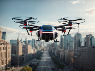 An aero taxi drone flying over a futuristic city, showcasing advanced urban transportation. AI generated