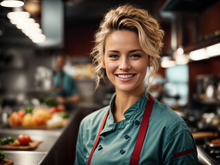 Portrait of a female chef in the kitchen of a restaurant. AI generated