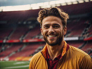 Portrait of man in a soccer, football, rugby or baseball stadium. AI generated