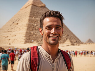 Tourist man traveling in Giza pyramids, Cairo, Egypt, with Cheops pyramid behind. AI generated - obrazy, fototapety, plakaty
