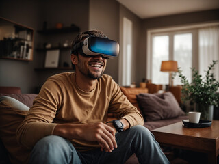 A man sitting in his living room, with a virtual reality headset, or 360 glasses. AI generated