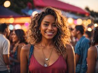 Portrait of mixed race woman smiling at an outdoor festival or party. AI generated