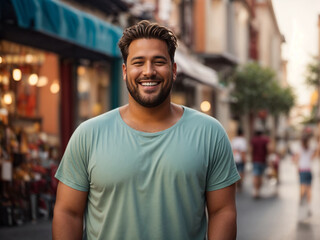A portrait of an overweight man smiling on the street. AI generated
