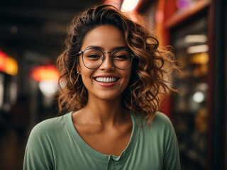Portrait of a nice woman with glasses looking in a shopping gallery. AI generated