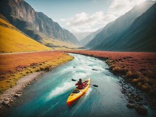 Person paddling a kayak down a river in a spectacular valley. AI generated