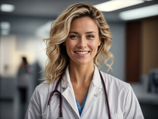 Portrait of a female doctor smiling and looking in a clinic or hospital. AI generated