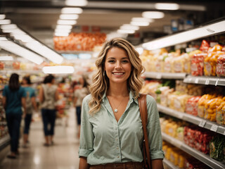 Portrait of female customer looking smiling in a supermarket. AI generated