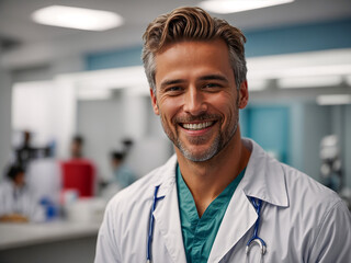 Portrait of a male doctor with white labcoat smiling and looking in a clinic or hospital. AI generated