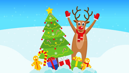 Cute Santa Claus Deer, gingerbread man and xmas tree.