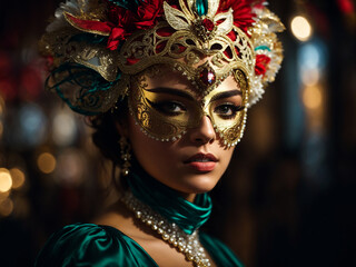 A captivating portrait of a woman looking mysteriously adorned with a Venetian carnival mask and costume, exuding the charm and allure of the festive atmosphere. AI generated