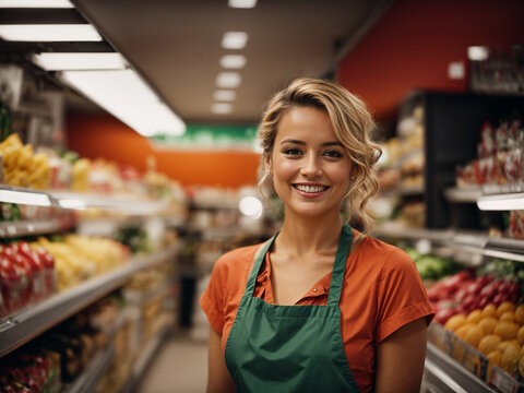 Portrait of female supermarket clerk looking smiling in her store. AI generated