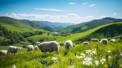 Fototapeta premium A flock of sheep grazing, with verdant hills as the background, during a warm spring afternoon