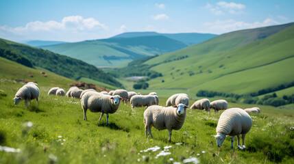 Fototapeta premium A flock of sheep grazing, with verdant hills as the background, during a warm spring afternoon