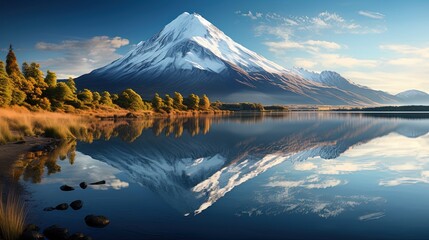 Fototapeta na wymiar Panorama photo of mountain in morning light reflected in calm waters of lake.