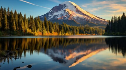Panorama photo of mountain in morning light reflected in calm waters of lake. - obrazy, fototapety, plakaty