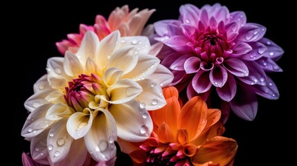 Colorful dahlia flowers on black background. Top view. Springtime Concept. Mothers Day Concept with a Copy Space. Valentine's Day.