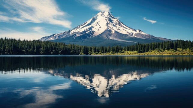 Panorama photo of mountain in morning light reflected in calm waters of lake. © JuJamal