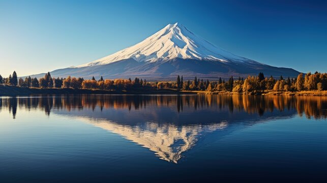 Panorama photo of mountain in morning light reflected in calm waters of lake.