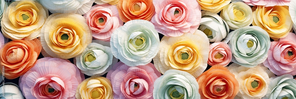 Poster Panoramic View of a Colorful Assortment of Roses and Ranunculus flowers , wallpaper