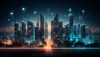 Intelligente Logistikvernetzung vernetzte Lieferketten mit Großstadt und Weltkarte dargestellt leuchtende Vernetzte Punkte Hotspots Digitalisierung Generative AI