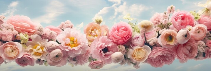 Panoramic View of a Colorful Assortment of Roses and Ranunculus on blue sky background 